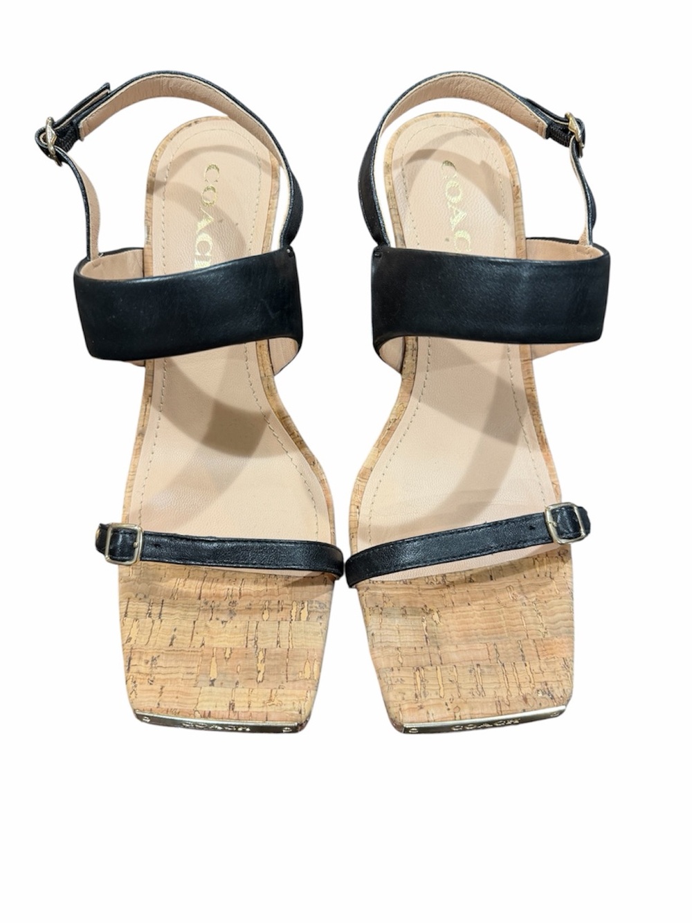 Coach Black Leather Kit Cork
Square-Toe Heel Sandals with Gold Trim Sz 9.5